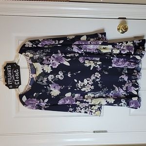 Honeyme Medium Tunic Navy Floral Gray White Purple Green Yellow